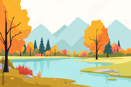 Vibrant autumn landscape with a tranquil lake reflecting colorful trees and distant mountains, perfect for seasonal promotions and nature themes.