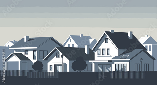 Charming suburban streetscape featuring modern homes with clean lines and a peaceful atmosphere, perfect for real estate or lifestyle content.