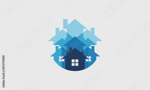 Modern abstract blue house cluster symbolizing community, real estate, and growth with clean, professional design for business branding
