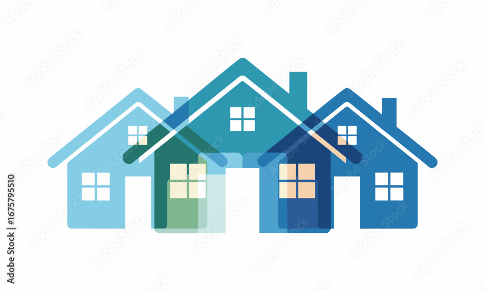 Vibrant overlapping house icons in cool blue and green tones symbolize community and real estate opportunities Vibrant overlapping house icons in cool blue and green tones symbolize community and real estate opportunities