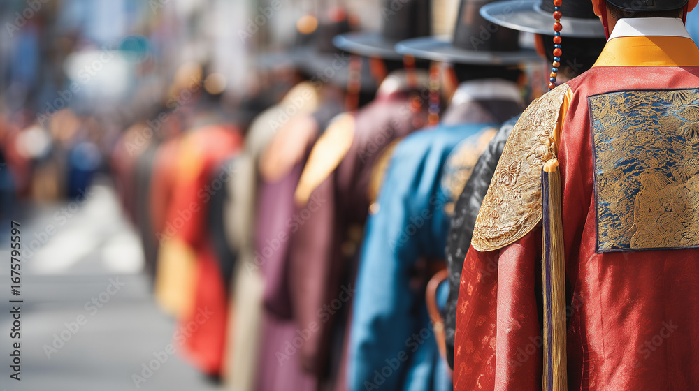 Fototapeta premium Traditional Korean Men in Royal Hanbok Parade During Chuseok Festival Celebration in Seoul Street Cultural Heritage Event