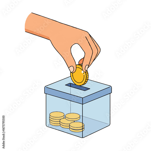 Hand depositing a gold coin into a clear donation box filled with other coins.