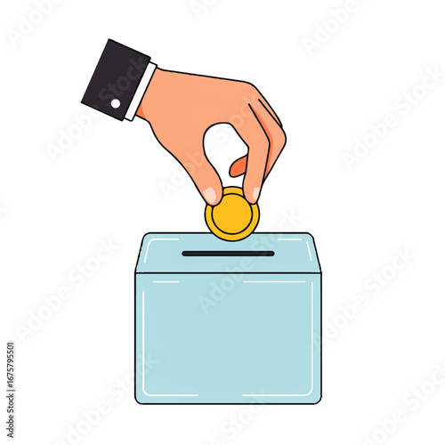 Hand placing a gold coin into a light blue donation box, illustrating giving and financial contribution.