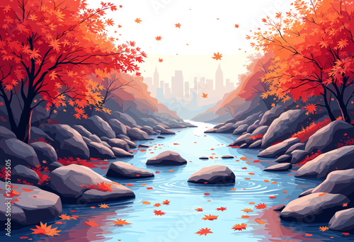 Vibrant autumn river flows past rocky banks towards a distant city skyline, showcasing colorful falling leaves and serene natural beauty.