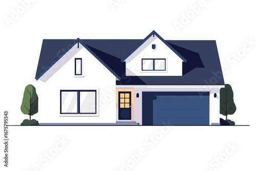 Charming modern white house with dark blue roof and garage door, featuring welcoming illuminated front door and stylized trees
