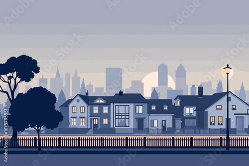 Tranquil suburban street at dusk with glowing windows and city skyline silhouette, evoking peace and community.