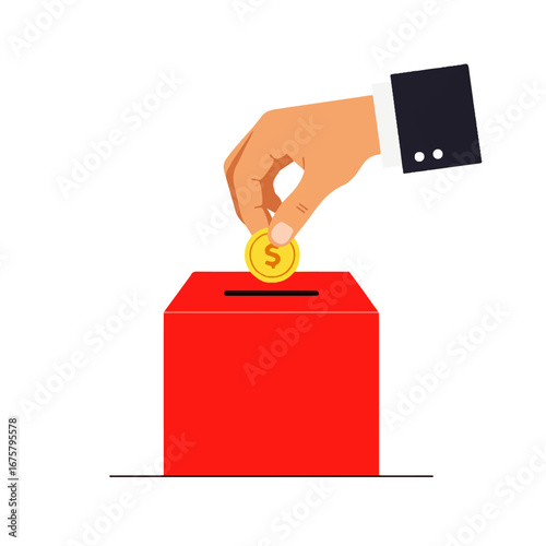 Hand placing a gold coin into a red donation box or charity container, symbolizing giving and financial support.