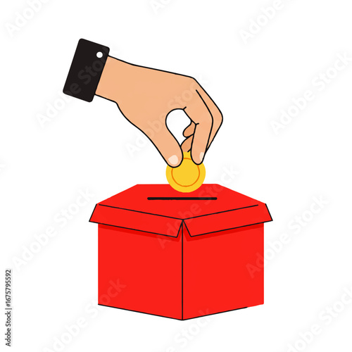 A hand is dropping a gold coin into a red donation box with an opening on top.
