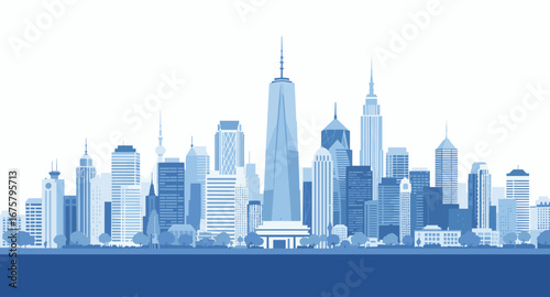 Majestic blue cityscape silhouette captures modern urban energy and architectural diversity, inspiring business and travel themes