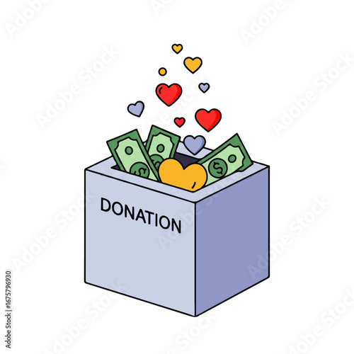 A donation box filled with money and hearts, symbolizing generosity and charitable giving.