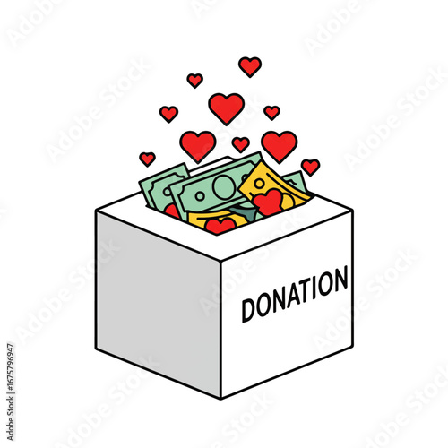 Donation box filled with money and hearts, symbolizing love and financial support for a cause.