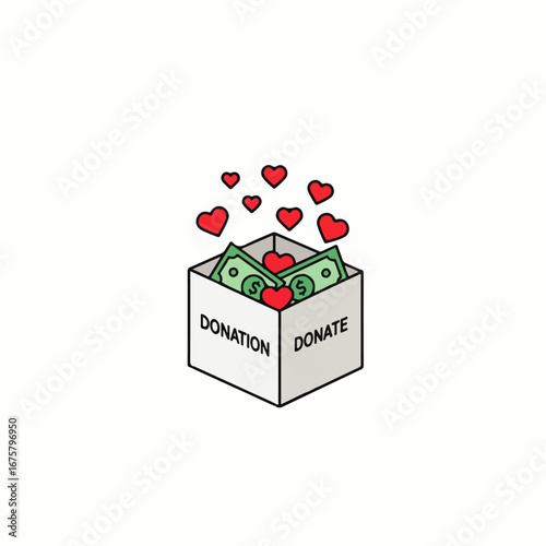 Illustration of a donation box filled with money and surrounded by floating red hearts, symbolizing generosity and giving.