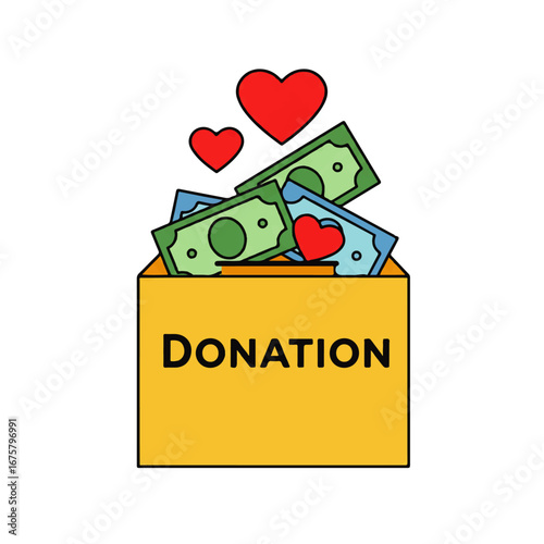 Donation box filled with money and topped with red hearts, symbolizing generosity and charitable giving.