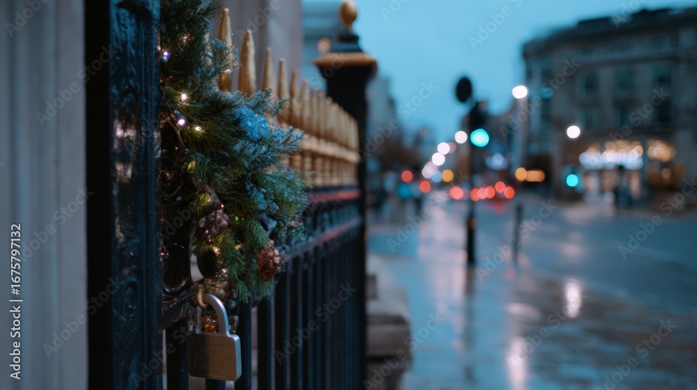 Obraz premium Festive christmas street wreath at dusk.