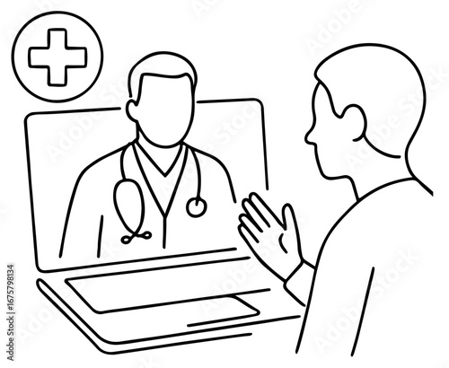 Telemedicine consultation with laptop outline, healthcare line art symbol