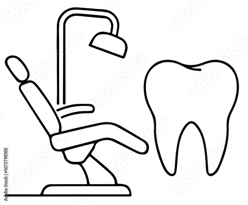 Dentist chair and tooth outline symbol, dental healthcare line art icon