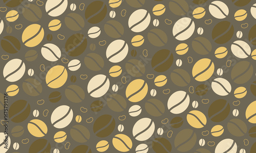 Pattern with coffee theme in bean minimalistic style. Print with abstract shapes. Illustration for cover design, food package, menu, background, café wall, coffee shop, banners.