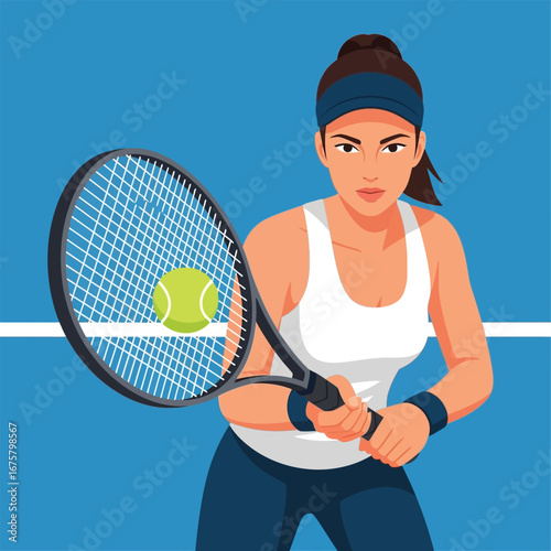 A female tennis player prepares to hit a tennis ball with her racket on a blue court.