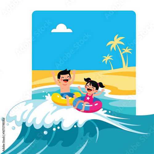 Cartoon illustration of a boy and girl riding a wave in inflatable rings at the beach, with palm trees and a cloud in the background.