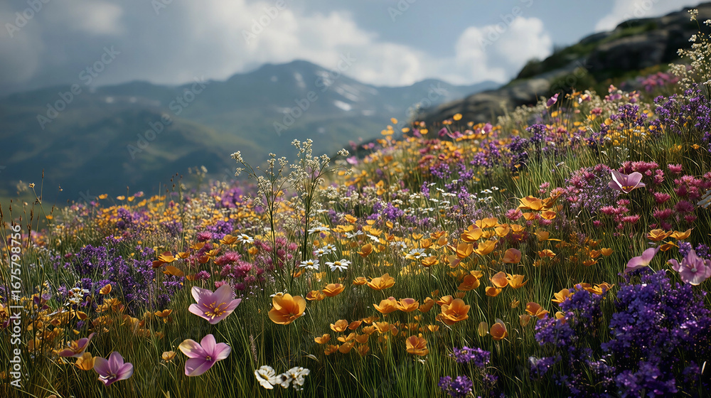 Obraz premium Blooming Meadow Vista: A vibrant, colorful meadow bursts with an array of wildflowers, set against a backdrop of rolling hills and a cloudy sky, creating a scene of pure natural beauty.