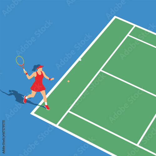 A stylized illustration of a female tennis player in action on a tennis court.