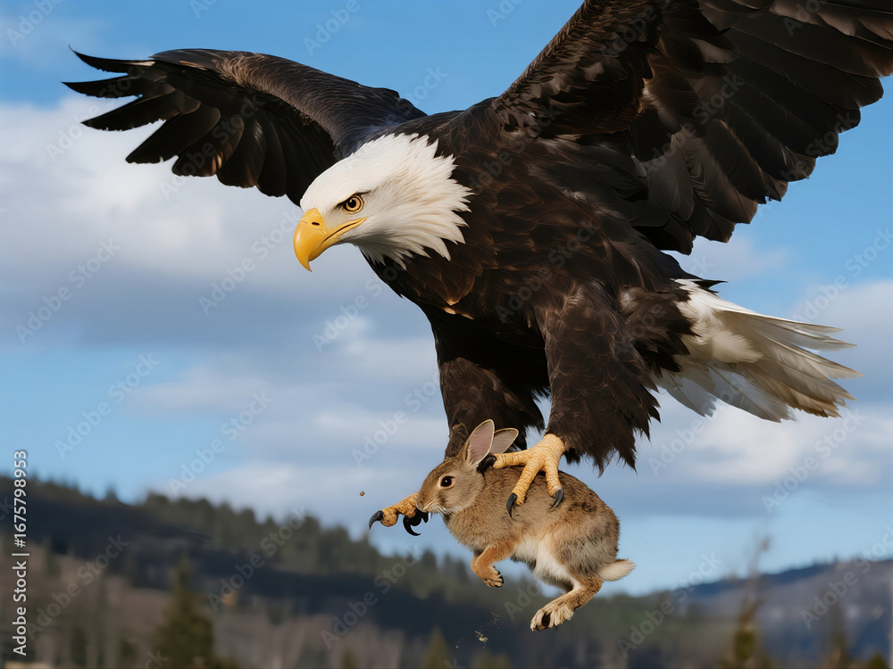 Obraz premium Bald eagle catches a wild rabbit
