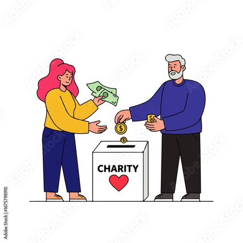 Woman and man donating money to a charity box with a red heart symbol, illustrating philanthropy and support.