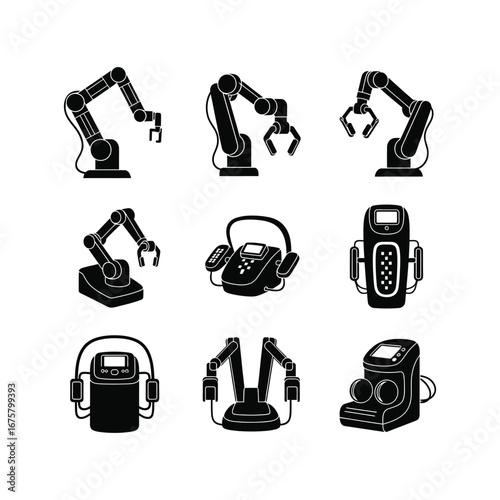 Dynamic collection of physiotherapy robot and industrial automation silhouettes, showcasing a variety of advanced medical and manufacturing technology devices
