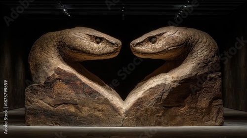 Ancient fossil specimen of a two-headed serpent dramatically presented under exhibition lighting.