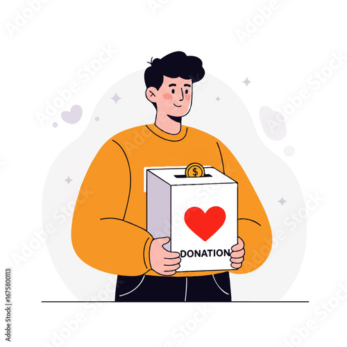 A young man holding a donation box with a heart symbol, as a coin is dropped into the slot.