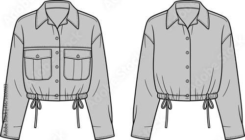Flat fashion sketch of drawstring shirt, front and back view, stylish design, buttoned blouse, vector template for fashion illustration