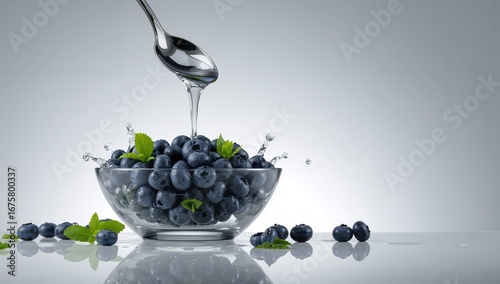 Blueberry Fresh Berries in Glass Bowl with Honey Splash, fruit, healthy, organic, food, dessert