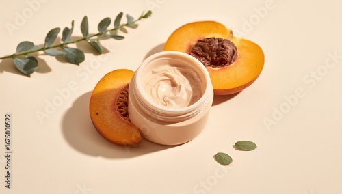 Skincare Natural organic peach moisturizing cream jar in studio, beauty, cosmetics, moisturizer, facial, wellness