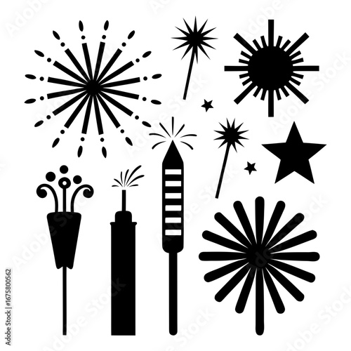 Collection of festive fireworks and sparklers silhouette