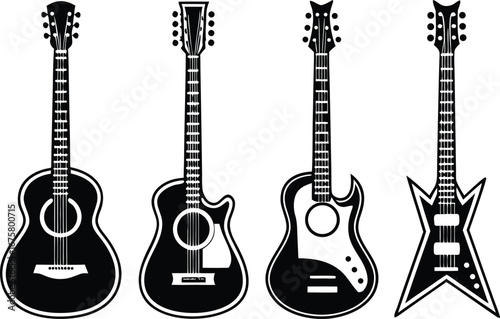 Collection of Guitar Silhouettes Featuring Acoustic Classical and Electric Styles Black and White Music Instrument Icons