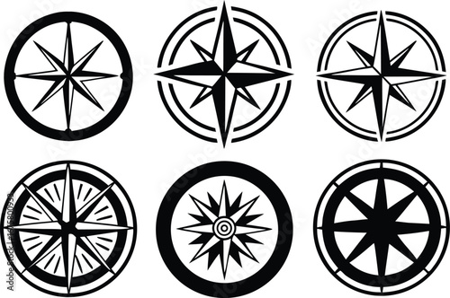 Collection of Six Black and White Compass Rose Variations Navigational Symbols Guiding Direction Concepts