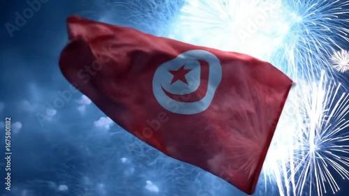 A dynamic Tunisian flag billows in the night, framed by spectacular fireworks.