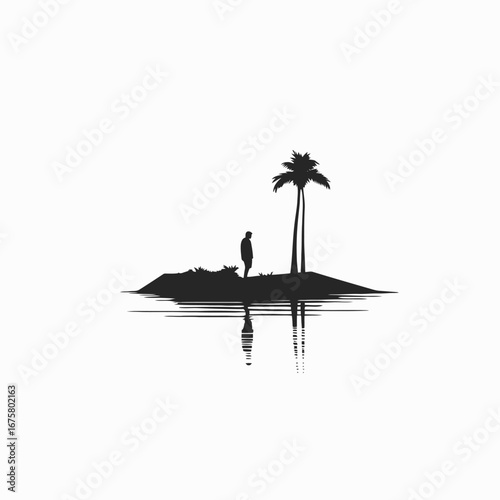 Lonely figure at a tropical oasis island water reflection silhouette