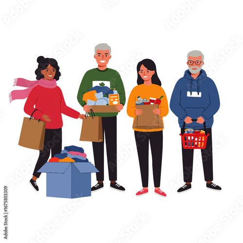 Group of diverse people donating clothes and food items, holding bags, boxes, and baskets, showing community support and charitable giving.