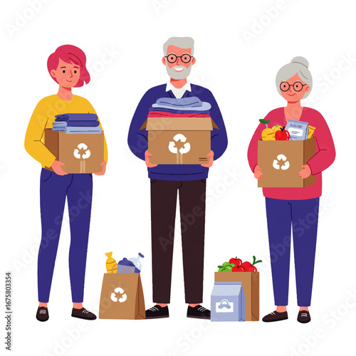 Three people, a young woman, a man, and an older woman, holding boxes of donations with recycling symbols, standing with bags of donated items.