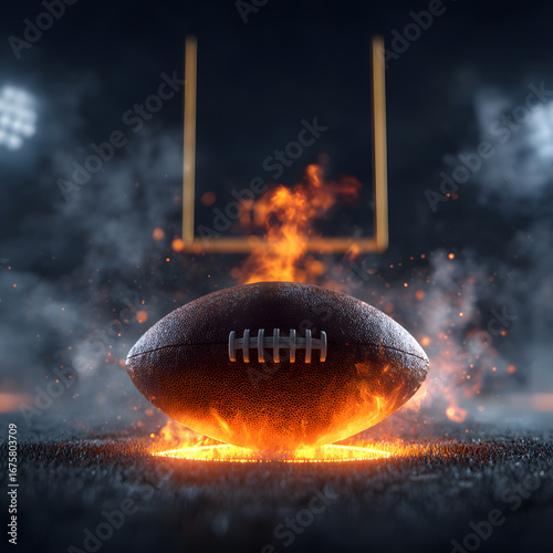 Burning American Football on Stadium Field