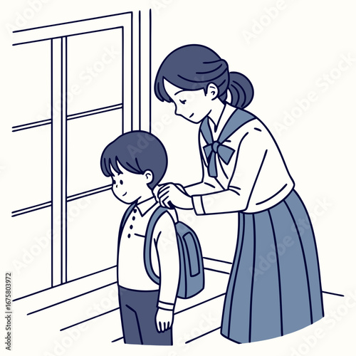 Mother helps child prepare for school