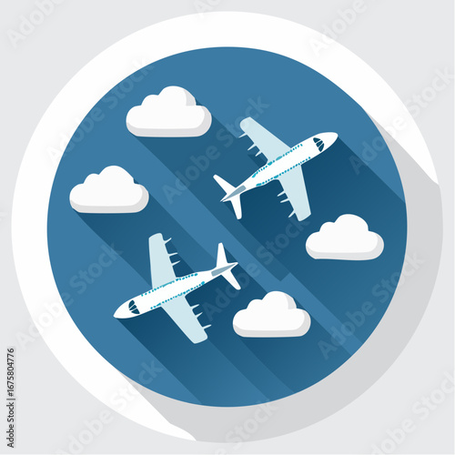 Two commercial airplanes flying in a blue sky with clouds. Flat design vector icon representing air travel, tourism, and global transportation
