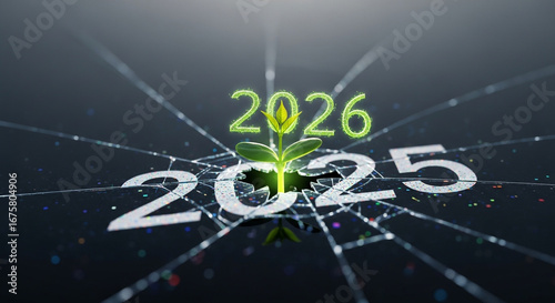 The year 2025 on a shattered target gives way to a sprouting plant for 2026 a perfect concept for growth and success after overcoming challenges of the past