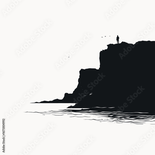 Contemplative man on cliff edge above the sea, lonely silhouette