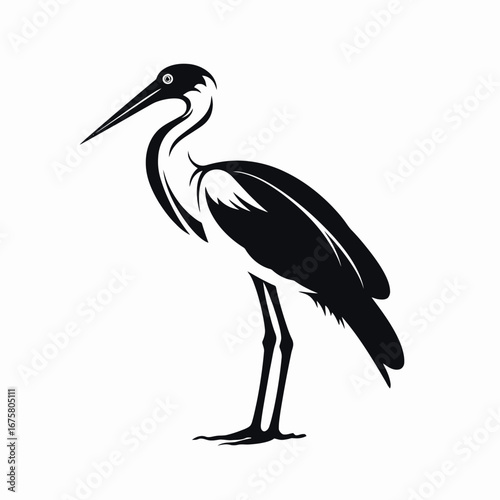 Elegant heron standing poised in striking black vector illustration silhouette