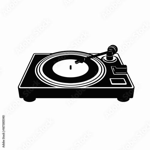 Sleek vinyl record player, minimalist graphic design, music listening black silhouette