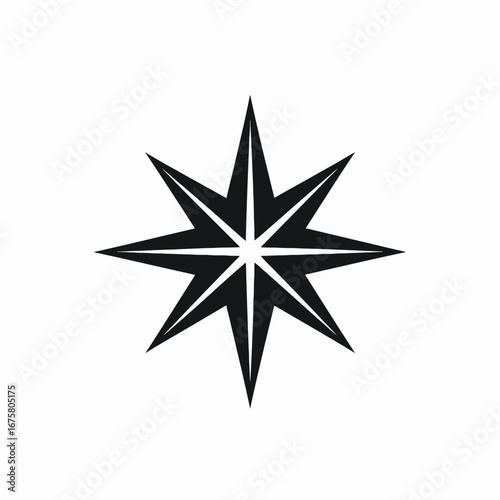 Striking eight-pointed star radiates energy in this simple monochromatic design silhouette