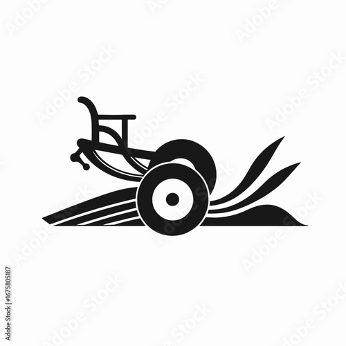 Vintage plow machine agriculture tool in stark black and white silhouette