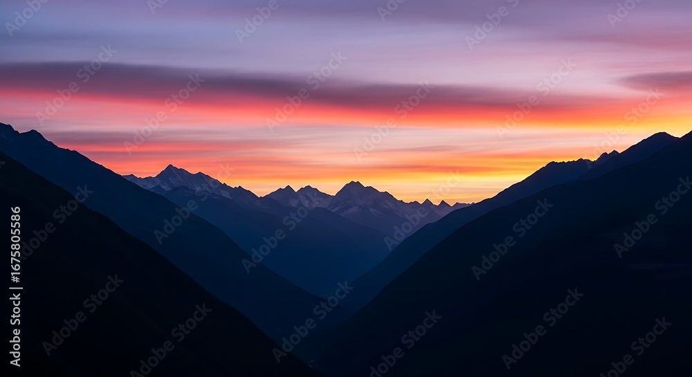 Fototapeta premium Mountain Peaks at Sunset - A Majestic Landscape.